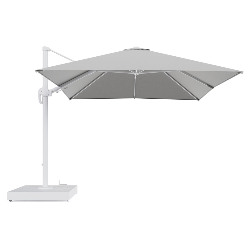 Rufina zweefparasol met tiltfunctie in wit aluminium en Savane Nimbus All Weather Sunbrella® Luxe parasoldoek - L1 300 x L2 300 cm met parasolvoet Minore 260 kg met wielen
