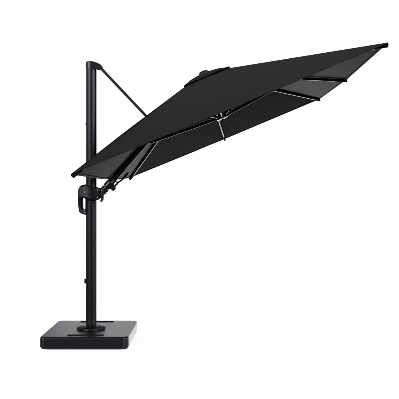 Rufina zweefparasol tiltfunctie in zwart aluminium en parasoldoek in All Weather Sunbrella® Premium Zwart - L1 350 x L2 250 cm met parasolvoet Lapido 160 kg