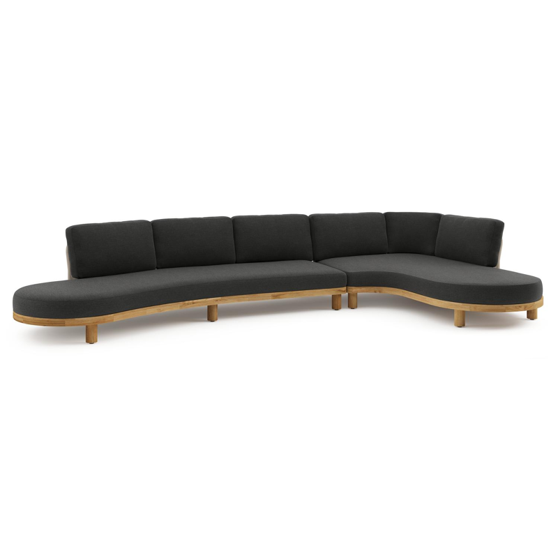 Donato loungehoek in teak en beige verticaal geweven ronde rope met all weather sunbrella® luxe Chartres Sooty kussen