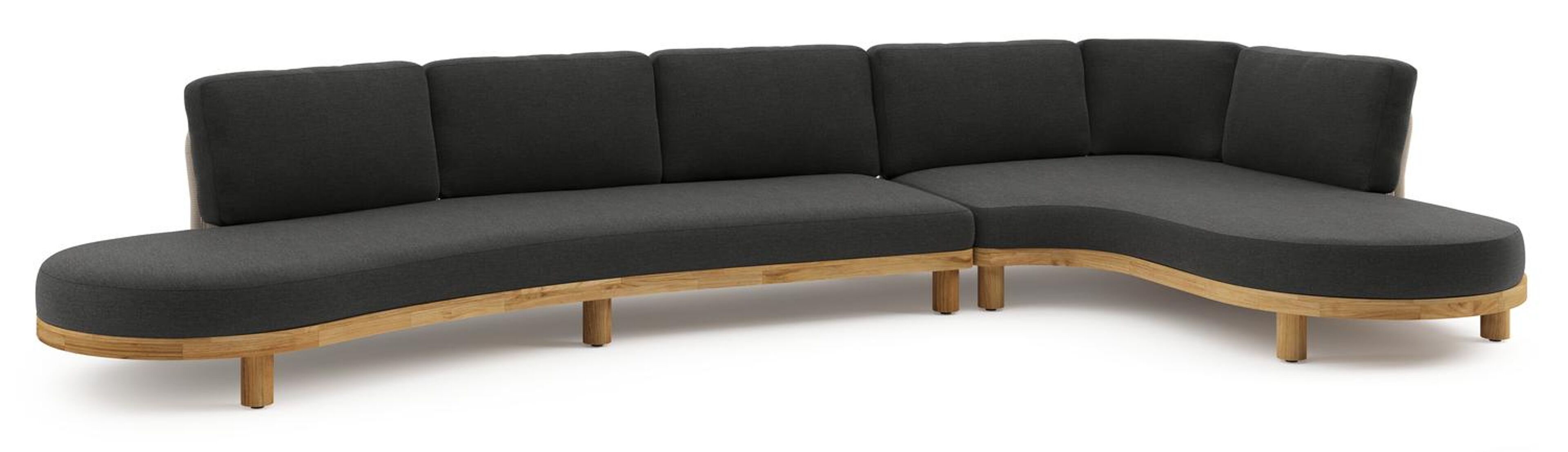 Donato loungehoek in teak en beige verticaal geweven ronde rope met all weather sunbrella® luxe Chartres Sooty kussen