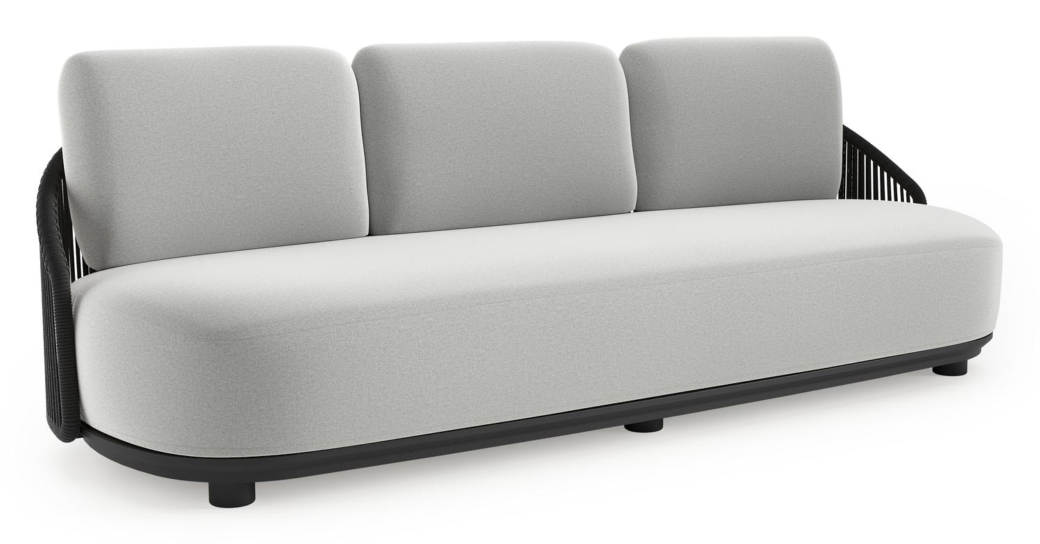 Canapé de jardin Vadelo en aluminium noir et corde ronde tissée verticalement noir et coussins en all weather sunbrella® luxe natte grey chine