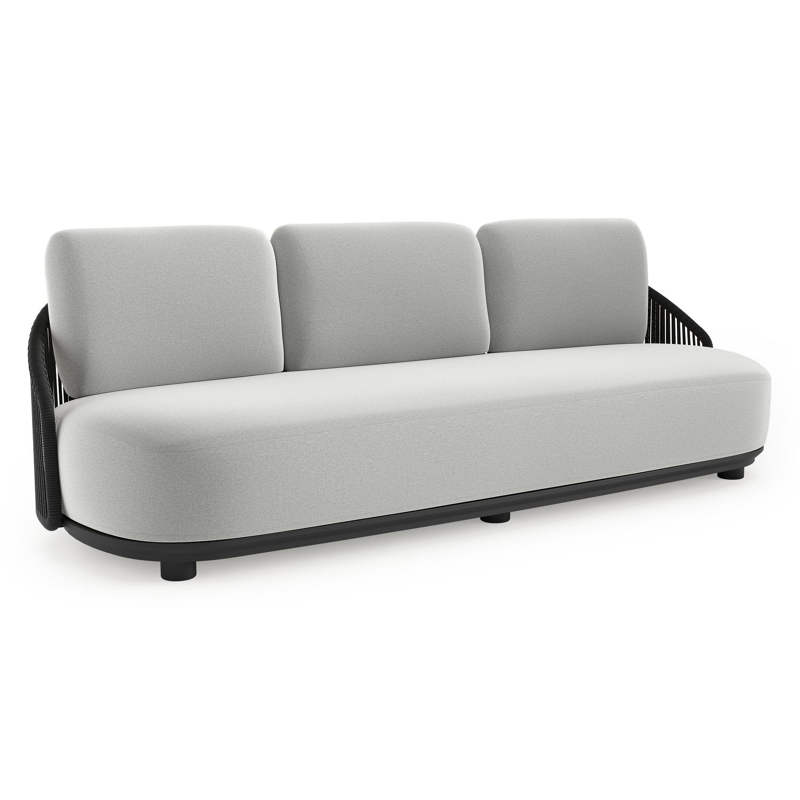 Canapé de jardin Vadelo en aluminium noir et corde ronde tissée verticalement noir et coussins en all weather sunbrella® luxe natte grey chine