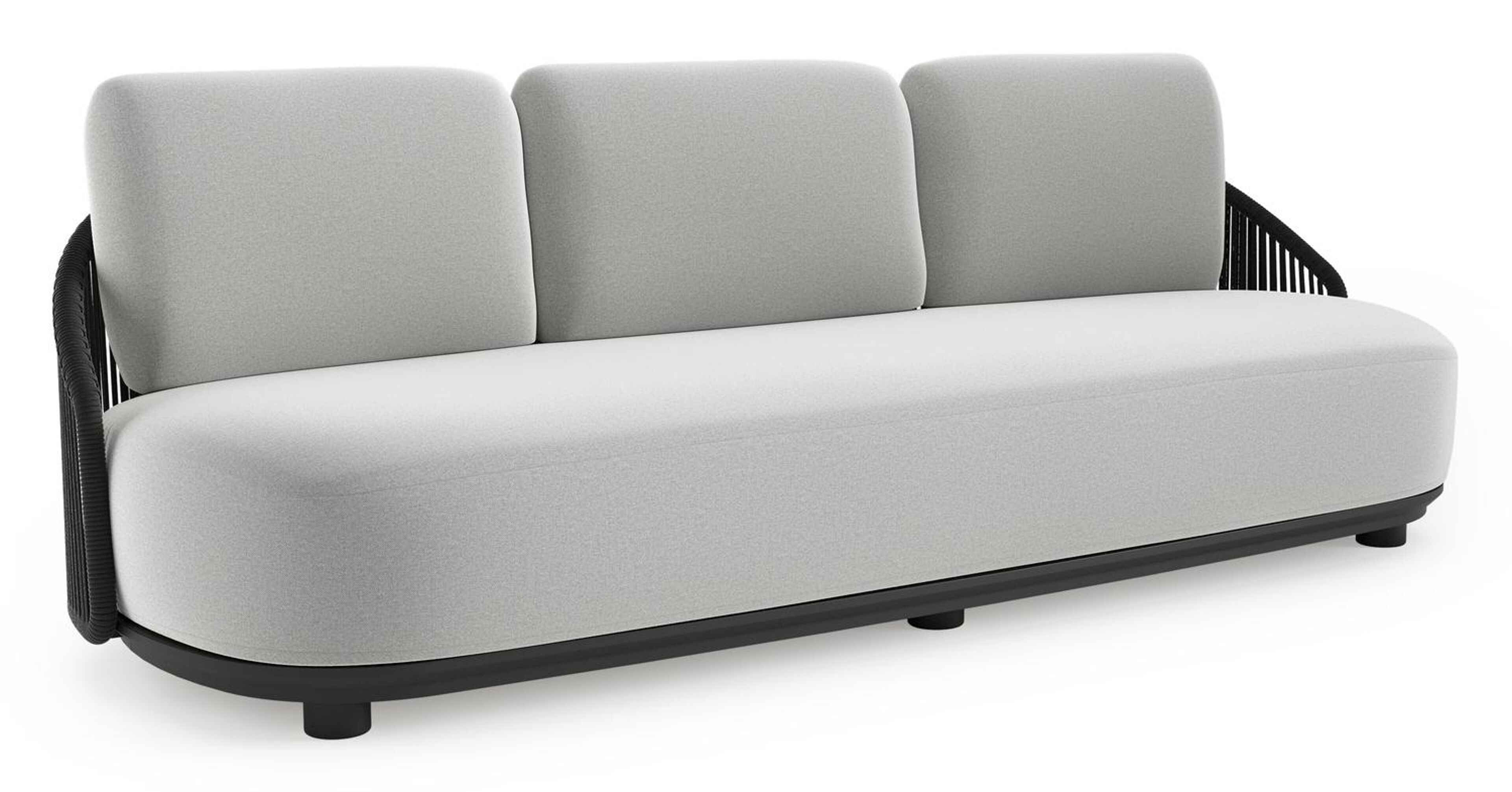 Canapé de jardin Vadelo en aluminium noir et corde ronde tissée verticalement noir et coussins en all weather sunbrella® luxe natte grey chine