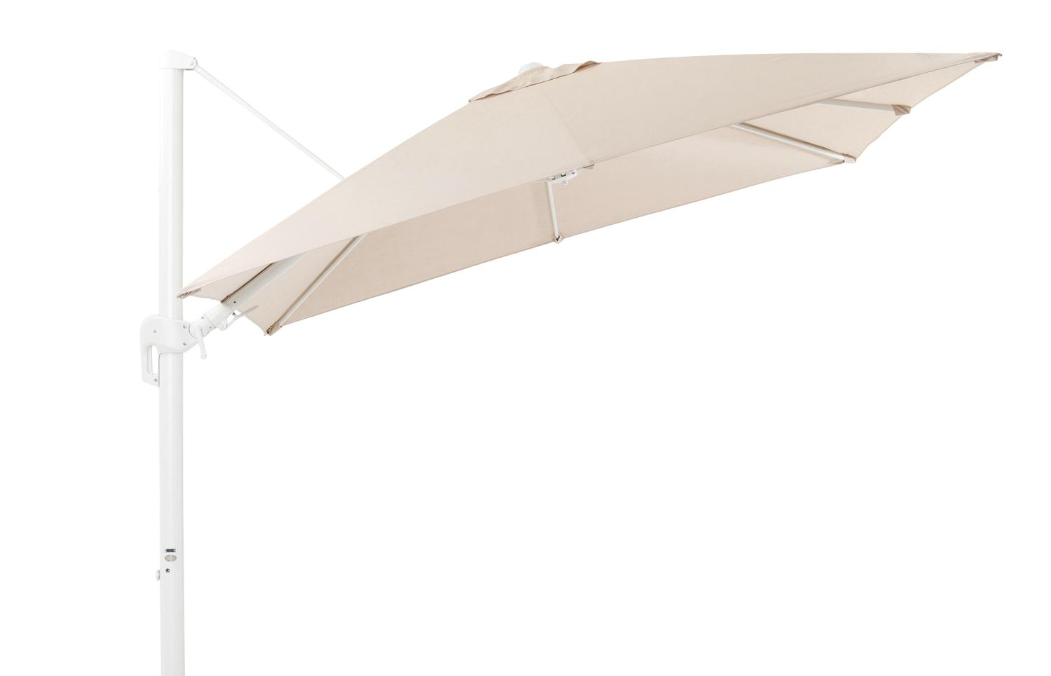 Rufina zweefparasol met tiltfunctie in wit aluminium met beige all weather sunbrella® premium parasoldoek - L1 300 x L2 300 cm (zonder voet)
