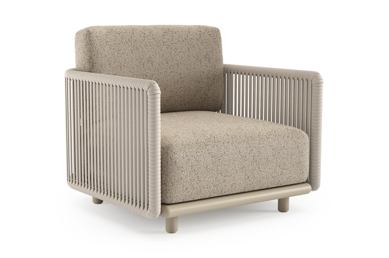 Organo loungestoel in beige aluminium en beige verticaal geweven luxe vlakke rope met bora jungle all weather Cosytica kussen