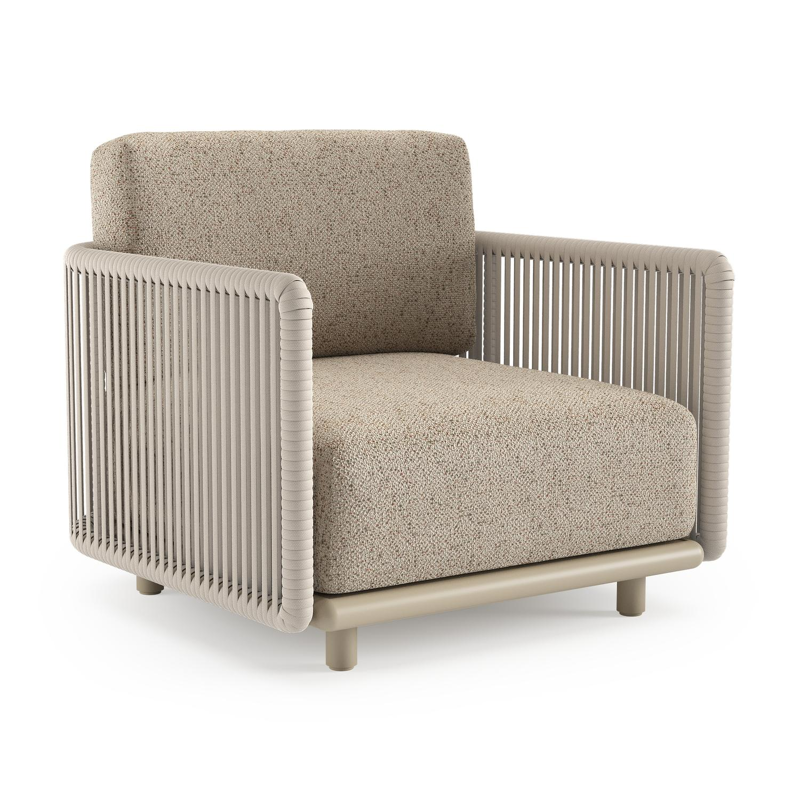 Organo loungestoel in beige aluminium en beige verticaal geweven luxe vlakke rope met bora jungle all weather Cosytica kussen