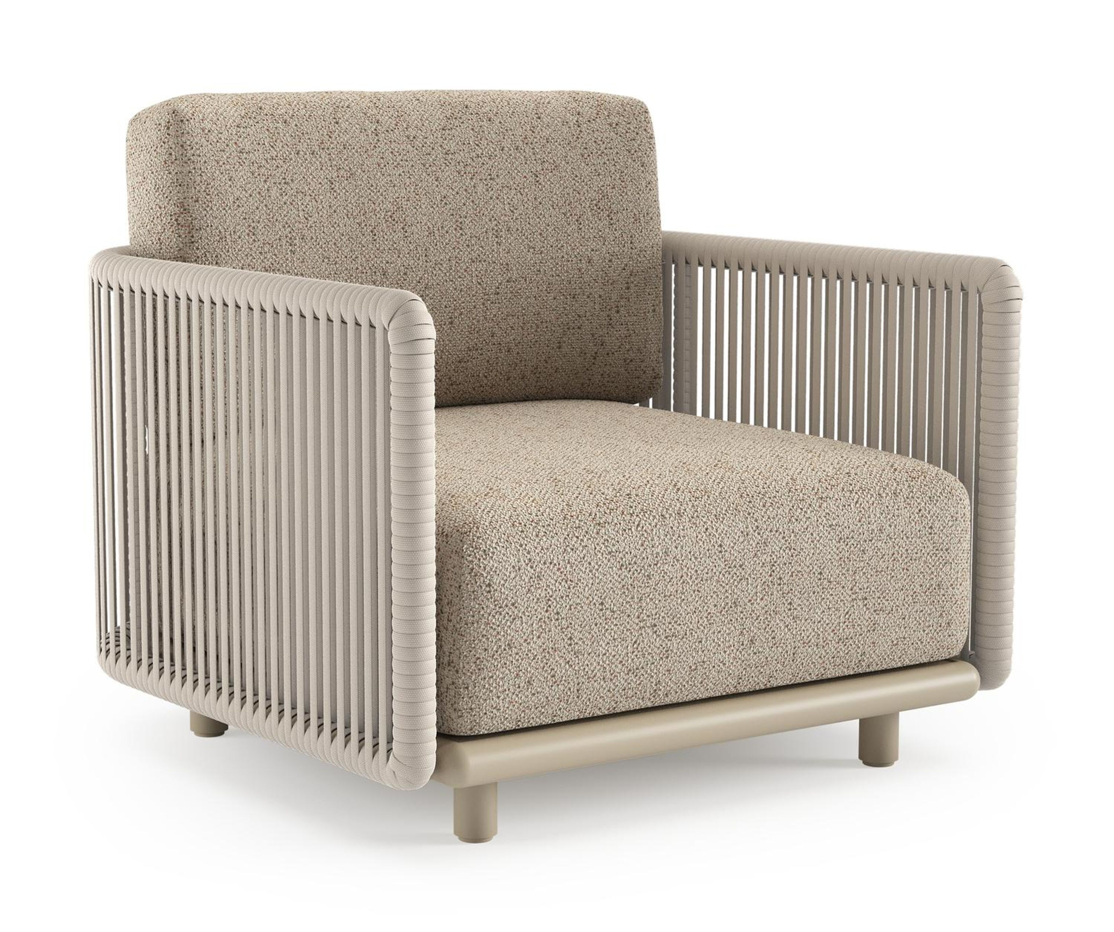 Organo loungestoel in beige aluminium en beige verticaal geweven luxe vlakke rope met bora jungle all weather Cosytica kussen