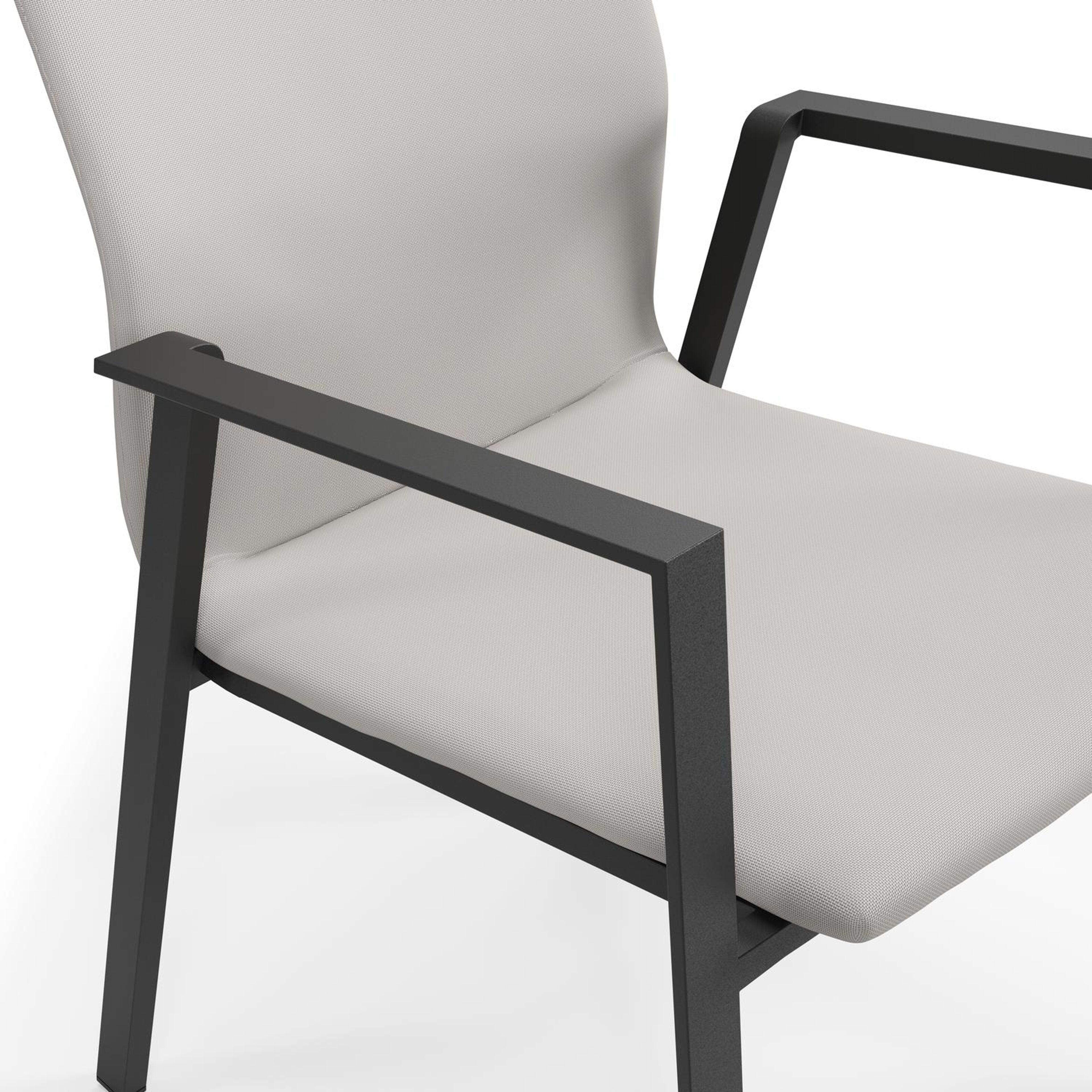 Madura tuinset in zwart aluminium en travertin keramische tegels tafelblad met 6 stapelbare Madura tuinstoelen