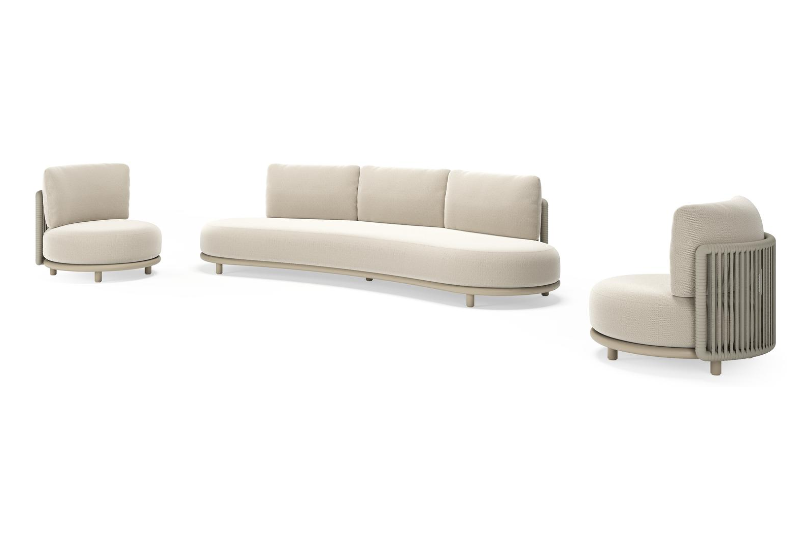 Lomano loungeset in beige aluminium en beige verticaal geweven luxe vlakke rope met Lopi Marble all weather sunbrellaÂ® luxe