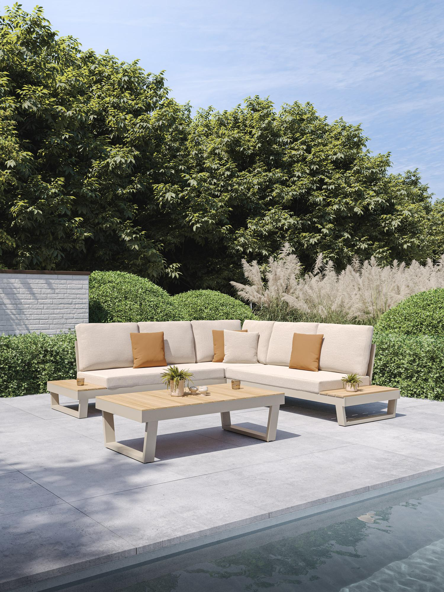 Modica loungehoek in beige aluminium en teak met rustic weather+ softtouch kussens