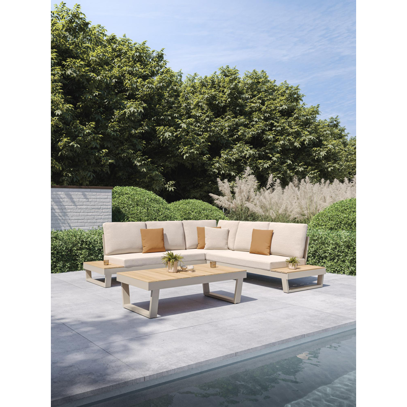 Modica loungehoek in beige aluminium en teak met rustic weather+ softtouch kussens