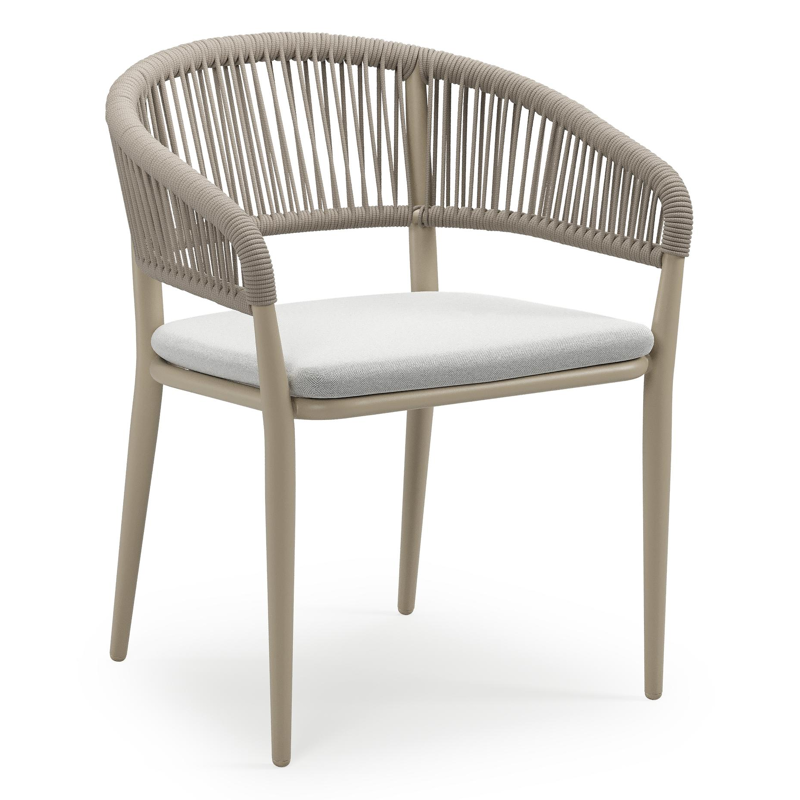 Tolfa stapelbare tuinstoel in beige aluminium en beige verticaal geweven ronde rope met stoelkussen in All Weather Sunbrella® Luxe Natte Grey Chine