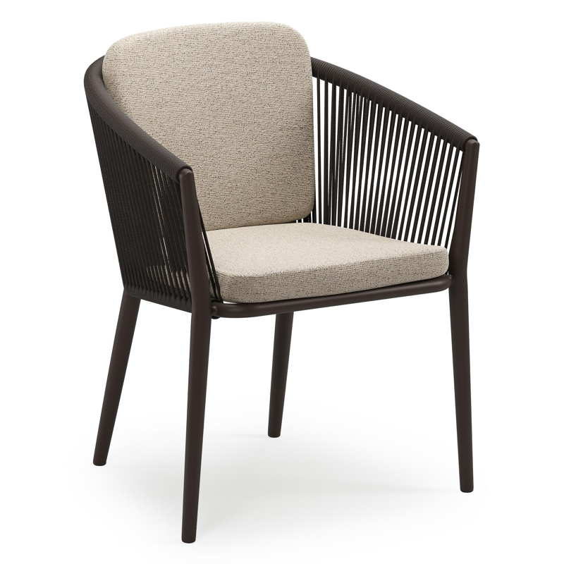 Chaise de jardin empilable Orso en aluminium brun foncé et corde ronde tissée verticalement brun foncé avec coussin en All Weather Cosytica Marbella Beige
