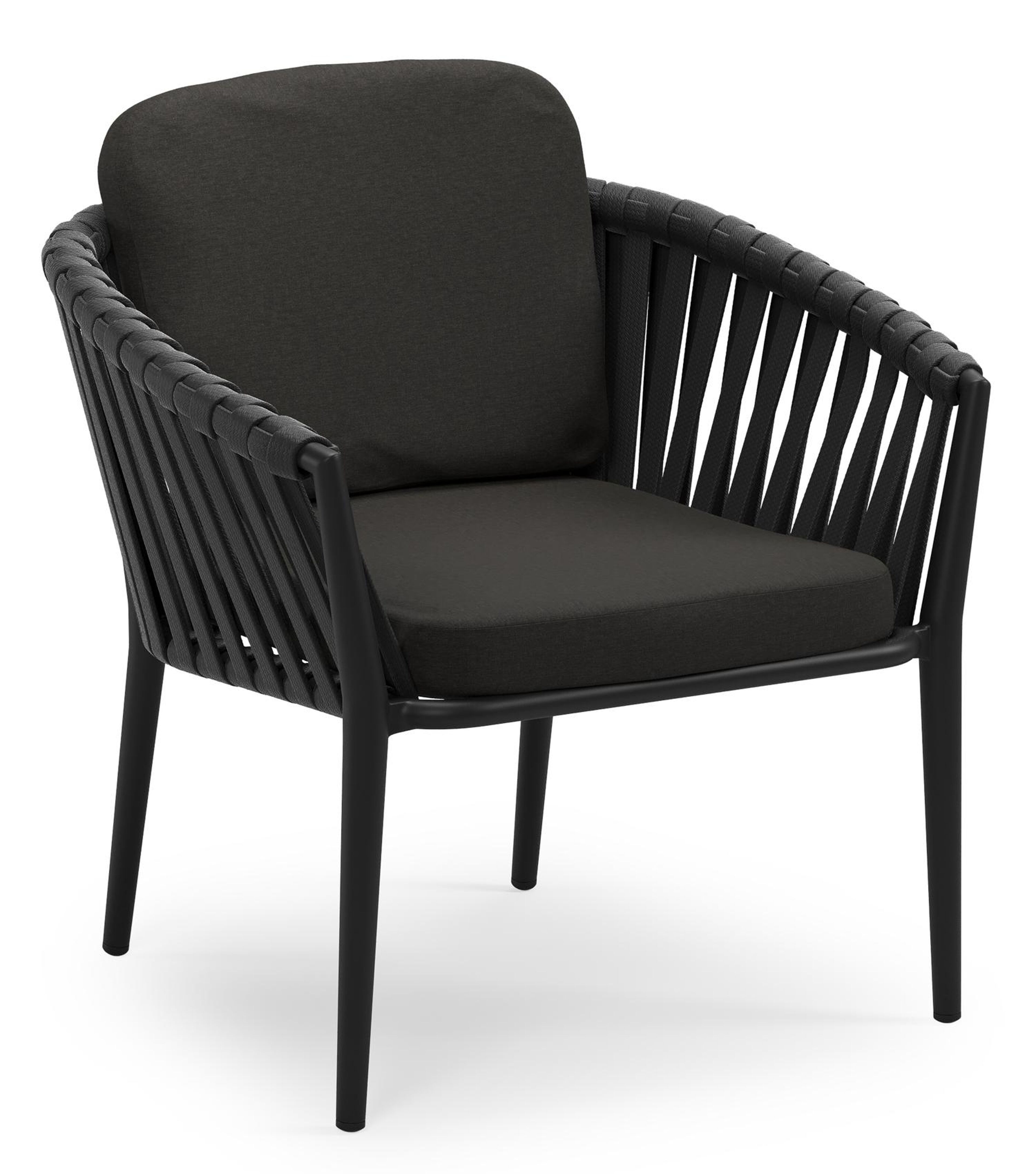 Orso low dining tuinstoel in zwart aluminium en zwart verticaal geweven luxe vlakke brede rope met stoelkussen in All Weather Sunbrella® Luxe Heritage Char