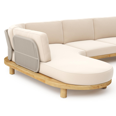 Donato loungehoek in teak en beige verticaal geweven ronde rope met all weather sunbrella® luxe Natte Linen Chalk kussen