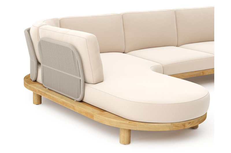 Donato loungehoek in teak en beige verticaal geweven ronde rope met all weather sunbrella® luxe Natte Linen Chalk kussen