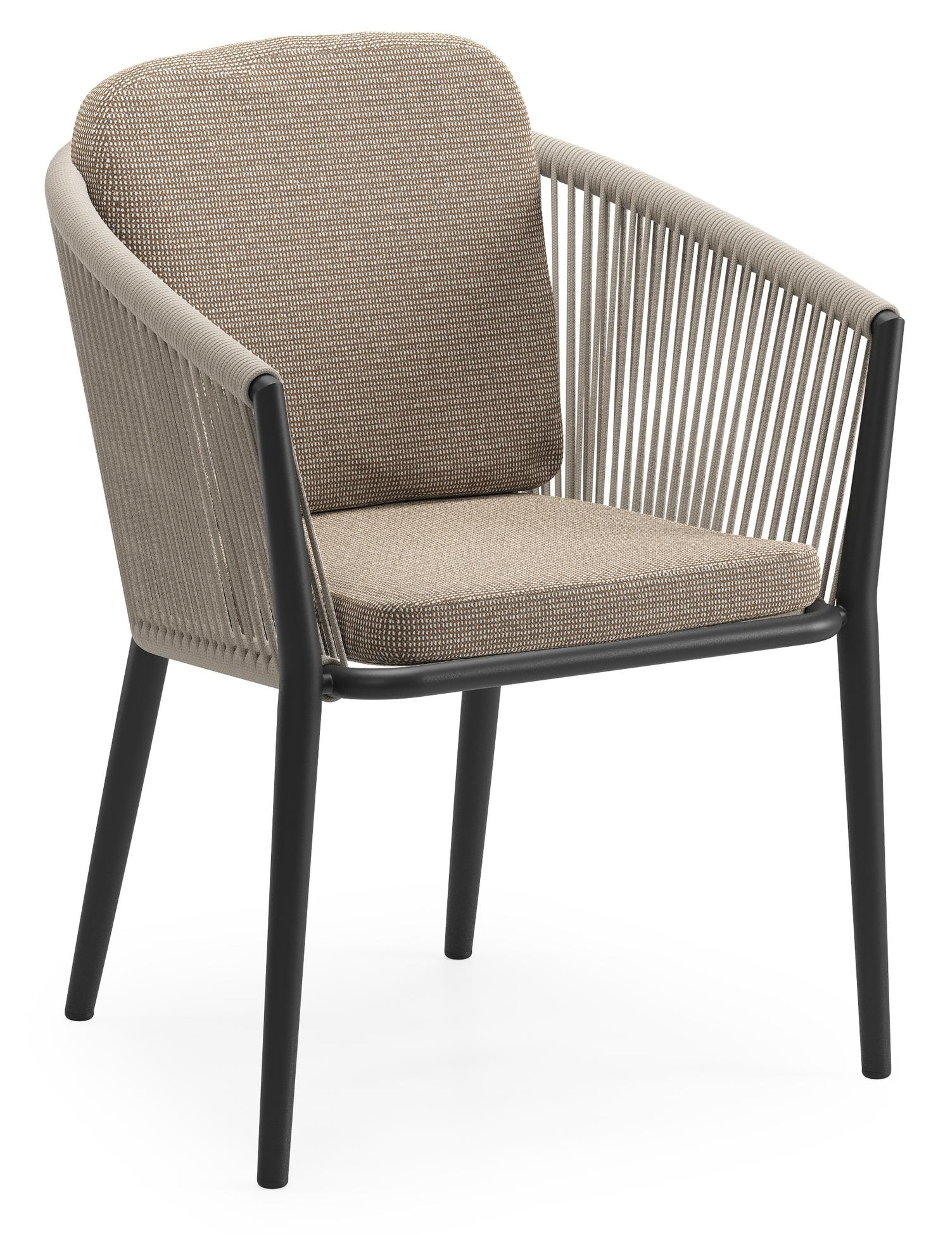 Orso tuinstoel in zwart aluminium en beige verticaal geweven ronde rope met luxe zitkussen in All Weather Solica Firenze Earth