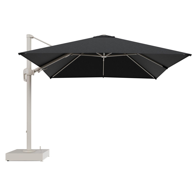Rufina zweefparasol met tiltfunctie in beige aluminium en Chartres Sooty All Weather Sunbrella® Luxe parasoldoek - L1 300 x L2 300 cm met parasolvoet Minore 150 kg met wielen