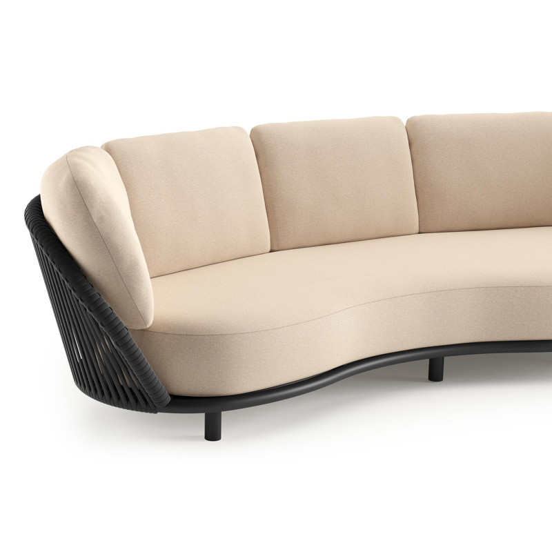 Lupino loungebank in zwart aluminium en zwart verticaal geweven luxe vlakke brede rope met heritage papyrus all weather sunbrella® luxe kussen