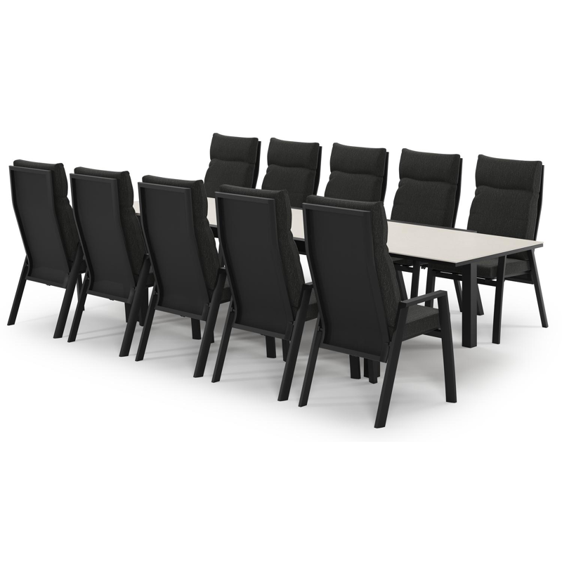 Ensemble de jardin Calobra extensible en aluminium noir et sintered stone crema minerale avec 10 chaises de jardin Leon