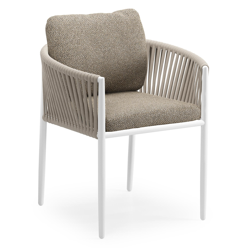 Organo tuinstoel in wit aluminium en beige verticaal geweven luxe vlakke rope met zitkussen in All Weather Cosytica Madagascar Burch