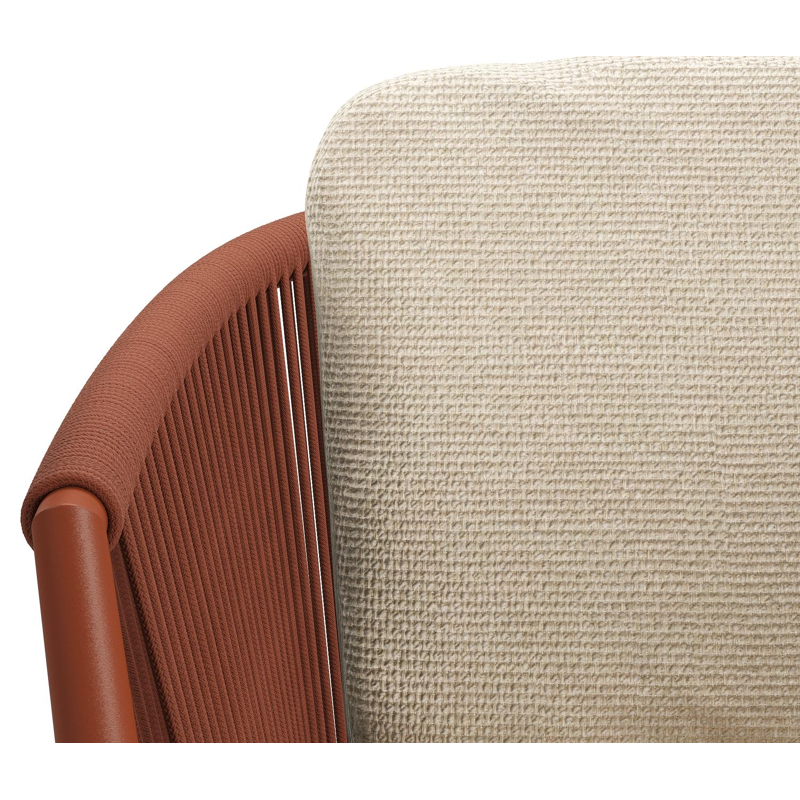 Chaise de jardin Orso en aluminium brun rouille et corde ronde tissée verticalement brun rouille avec coussin luxe en All Weather Cosytica Althea Chalk