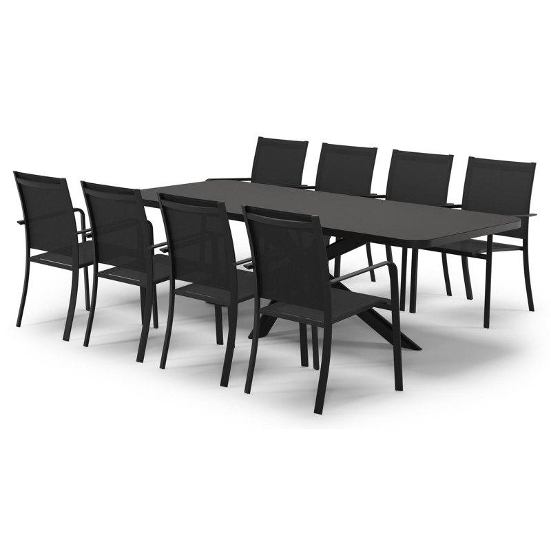 Ensemble de jardin Estella extensible rectangulaire en aluminium noir et sintered stone Notte minerale avec 8 chaises de jardin Calobra