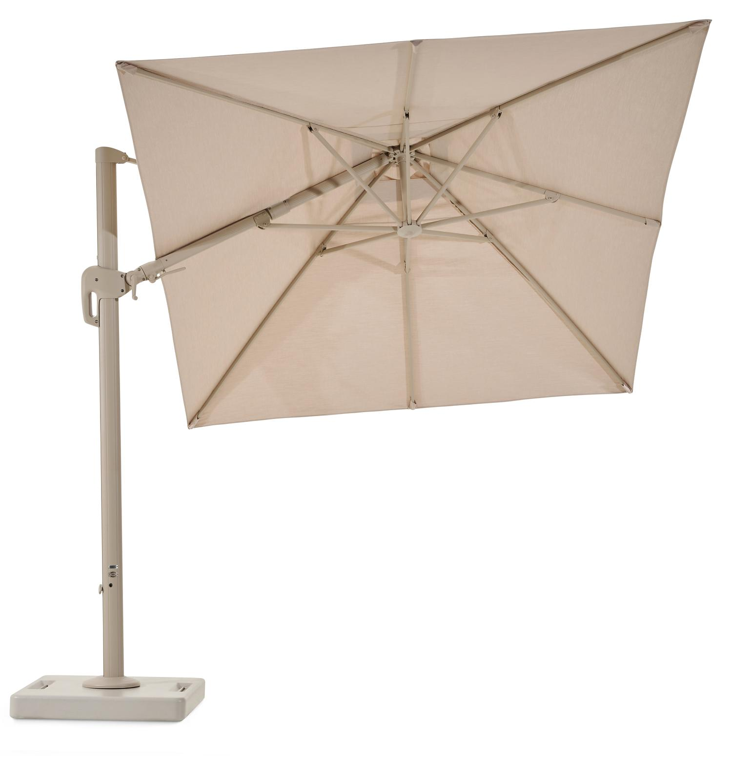 Rufina zweefparasol met tiltfunctie in beige aluminium en beige Sunbrella® Premium parasoldoek - L1 250 x L2 350 cm met Lapido XL parasolvoet 160 kg