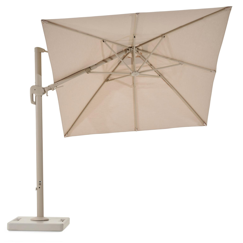 Rufina zweefparasol met tiltfunctie in beige aluminium en beige Sunbrella® Premium parasoldoek - L1 250 x L2 350 cm met Lapido XL parasolvoet 160 kg