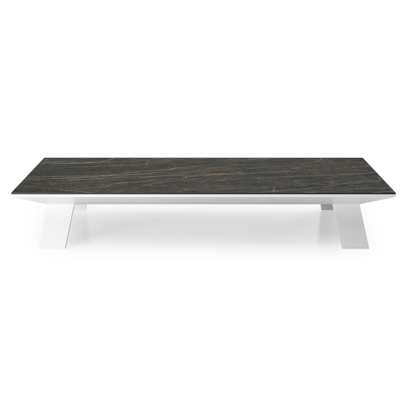 Table de basse Cesano rectangulaire en aluminium blanc et céramique pleine Black Obsession - Lg. 140 x Lrg. 80 x Haut. 24.2 cm