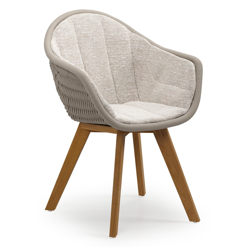 Pagino tuinstoel in teak en beige verticaal geweven ronde rope met zitkussen in All Weather Sunbrella® Luxe Tundra Sand