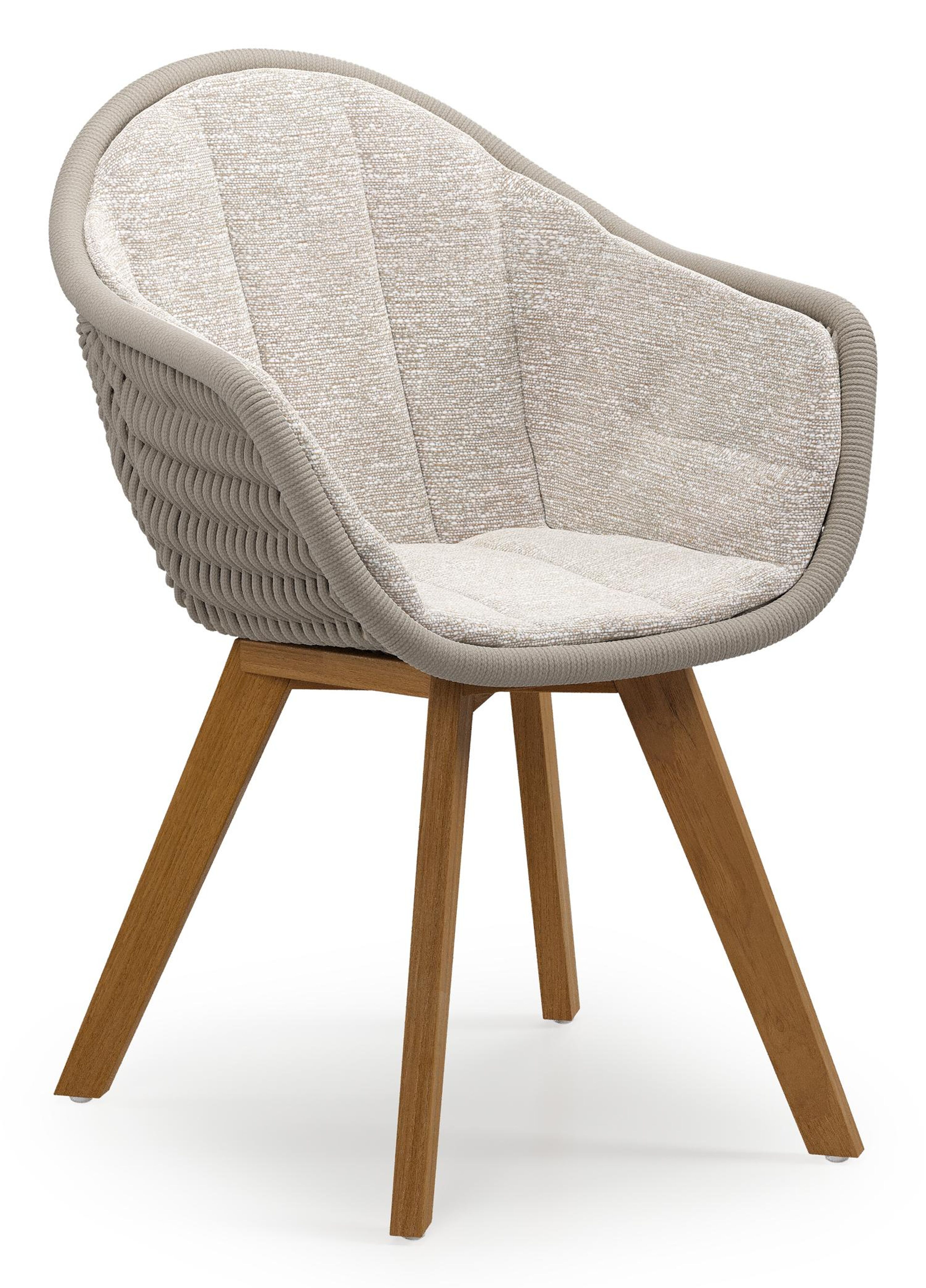 Pagino tuinstoel in teak en beige verticaal geweven ronde rope met zitkussen in All Weather Sunbrella® Luxe Tundra Sand