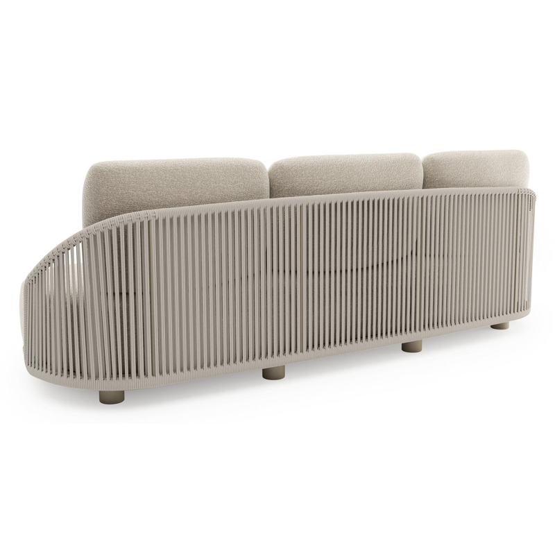 Canapé de jardin Vadelo en aluminium beige et corde ronde tissée verticalement beige et coussins en all weather cosytica marbella ecru