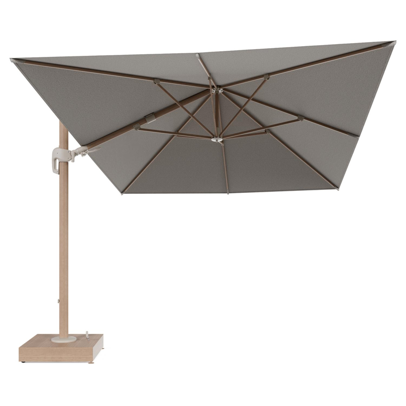 Rufina zweefparasol met tiltfunctie in houtlook aluminium en Firenze Sand All Weather Solica parasoldoek - L1 400 x L2 300 cm met parasolvoet Minore 150 kg met wielen
