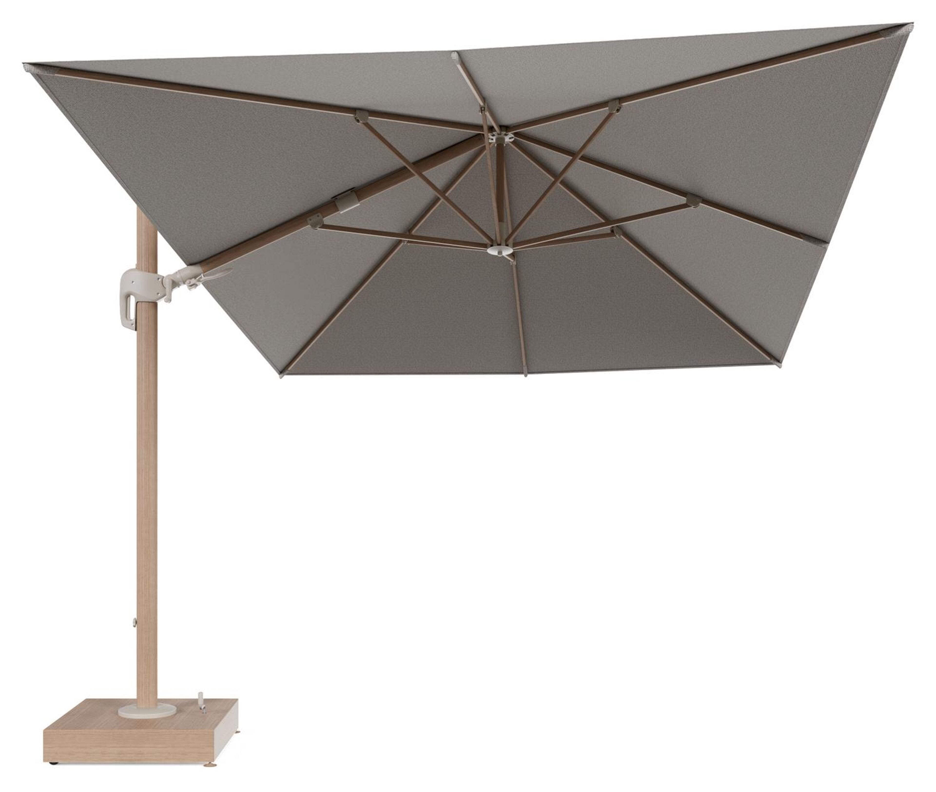 Rufina zweefparasol met tiltfunctie in houtlook aluminium en Firenze Sand All Weather Solica parasoldoek - L1 400 x L2 300 cm met parasolvoet Minore 150 kg met wielen