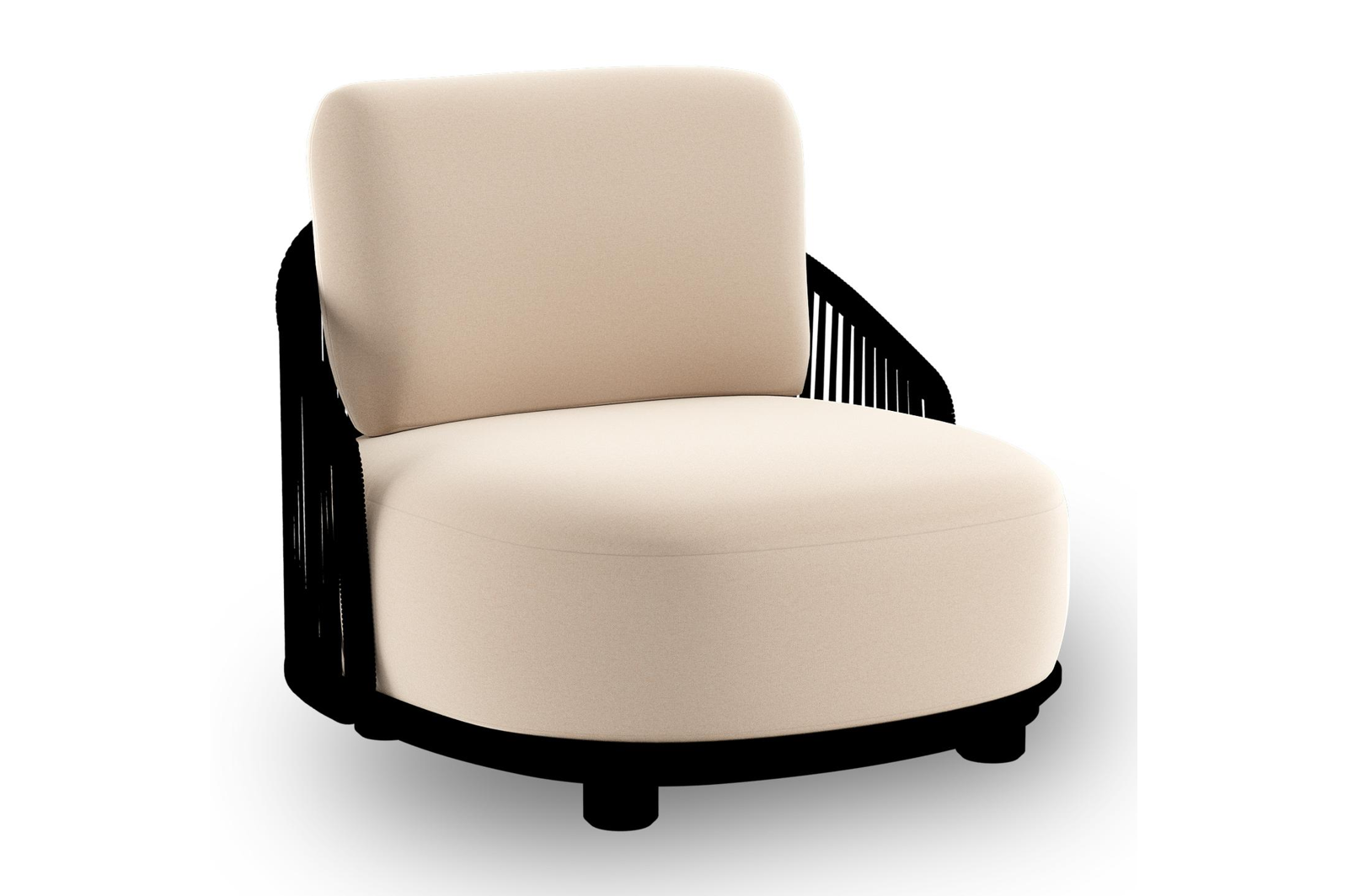 Fauteuil de jardin Vadelo en aluminium noir et corde ronde tissée verticalement noir et coussins en all weather sunbrella® luxe natte linen chalk