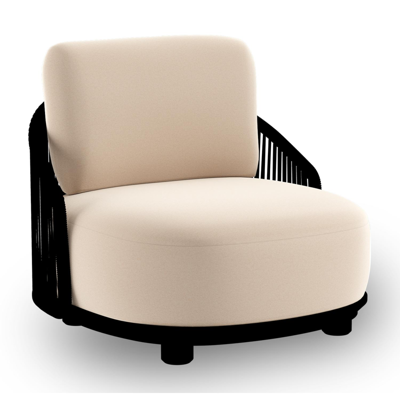 Fauteuil de jardin Vadelo en aluminium noir et corde ronde tissée verticalement noir et coussins en all weather sunbrella® luxe natte linen chalk