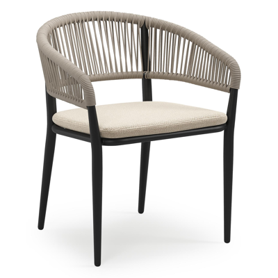 Tolfa stapelbare tuinstoel in zwart aluminium en beige verticaal geweven ronde rope met stoelkussen in All Weather Cosytica Althea Chalk