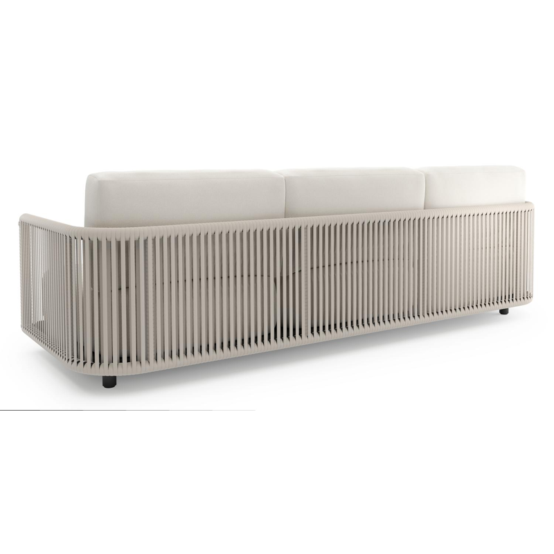 Organo loungebank in zwart aluminium en beige verticaal geweven luxe vlakke rope met savane white all weather Sunbrella® luxe kussen