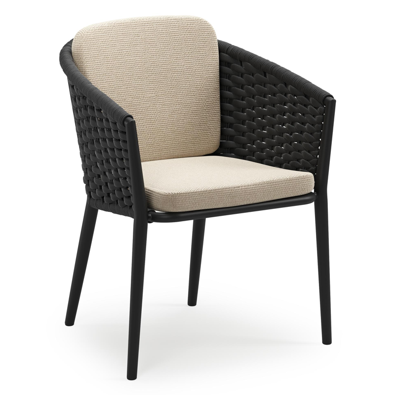 Orso stapelbare tuinstoel in zwart aluminium en zwart horizontaal geweven ronde rope met stoelkussen in All Weather Cosytica Althea Chalk