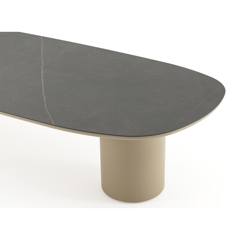 Table de jardin low dining Amico bombo en aluminium beige et céramique pleine Calatorao - Lg. 320 x Lrg. 130 x Haut. 61 cm