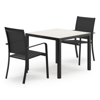 Feltro tuinset in zwart aluminium en sintered stone Crema minerale met 2 Calobra tuinstoelen