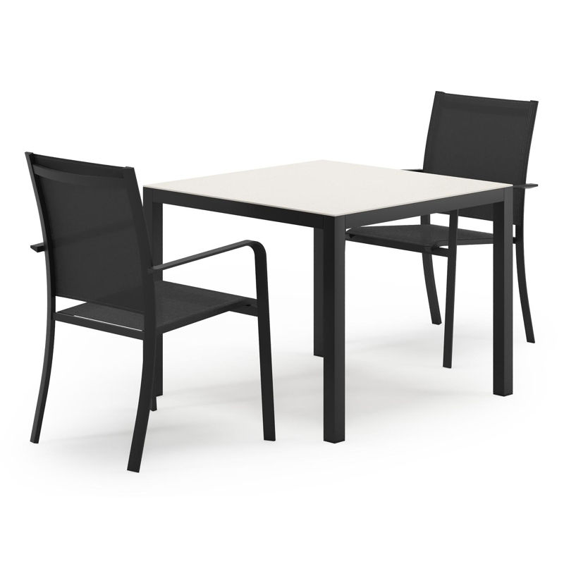 Feltro tuinset in zwart aluminium en sintered stone Crema minerale met 2 Calobra tuinstoelen