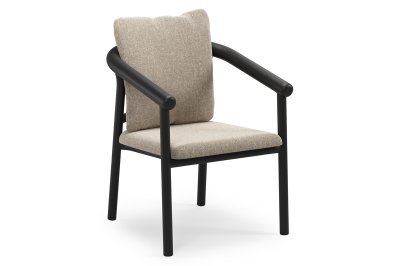 Amico stapelbare tuinstoel in zwart aluminium met stoelkussen in All Weather Sunbrella® Luxe Chartres Pewter