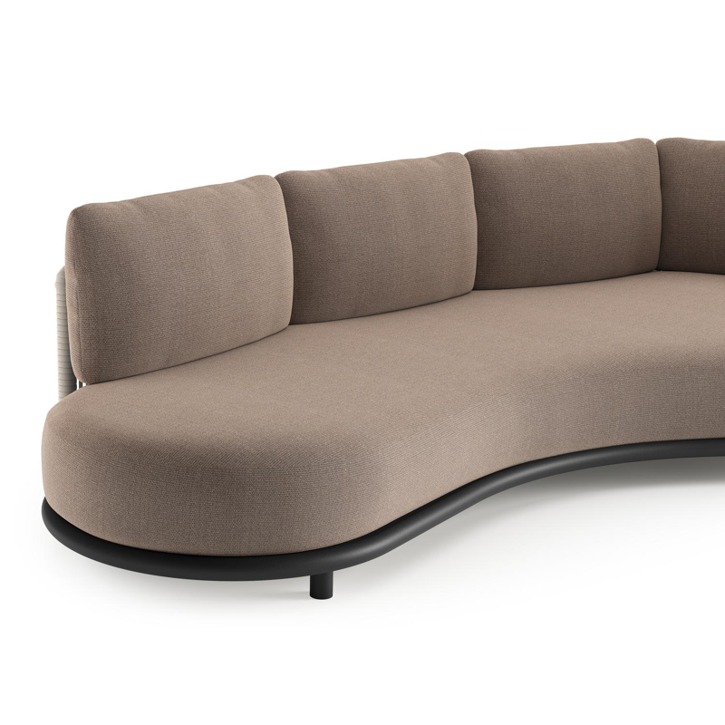 Lomano loungebank in zwart aluminium en beige verticaal geweven luxe vlakke rope met savane earth all weather sunbrella® luxe kussen