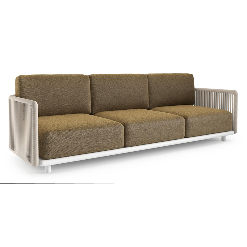 Canapé de jardin Organo en aluminium blanc et corde luxe plate tissée verticalement beige et coussin en all weather Cosytica madagascar walnut