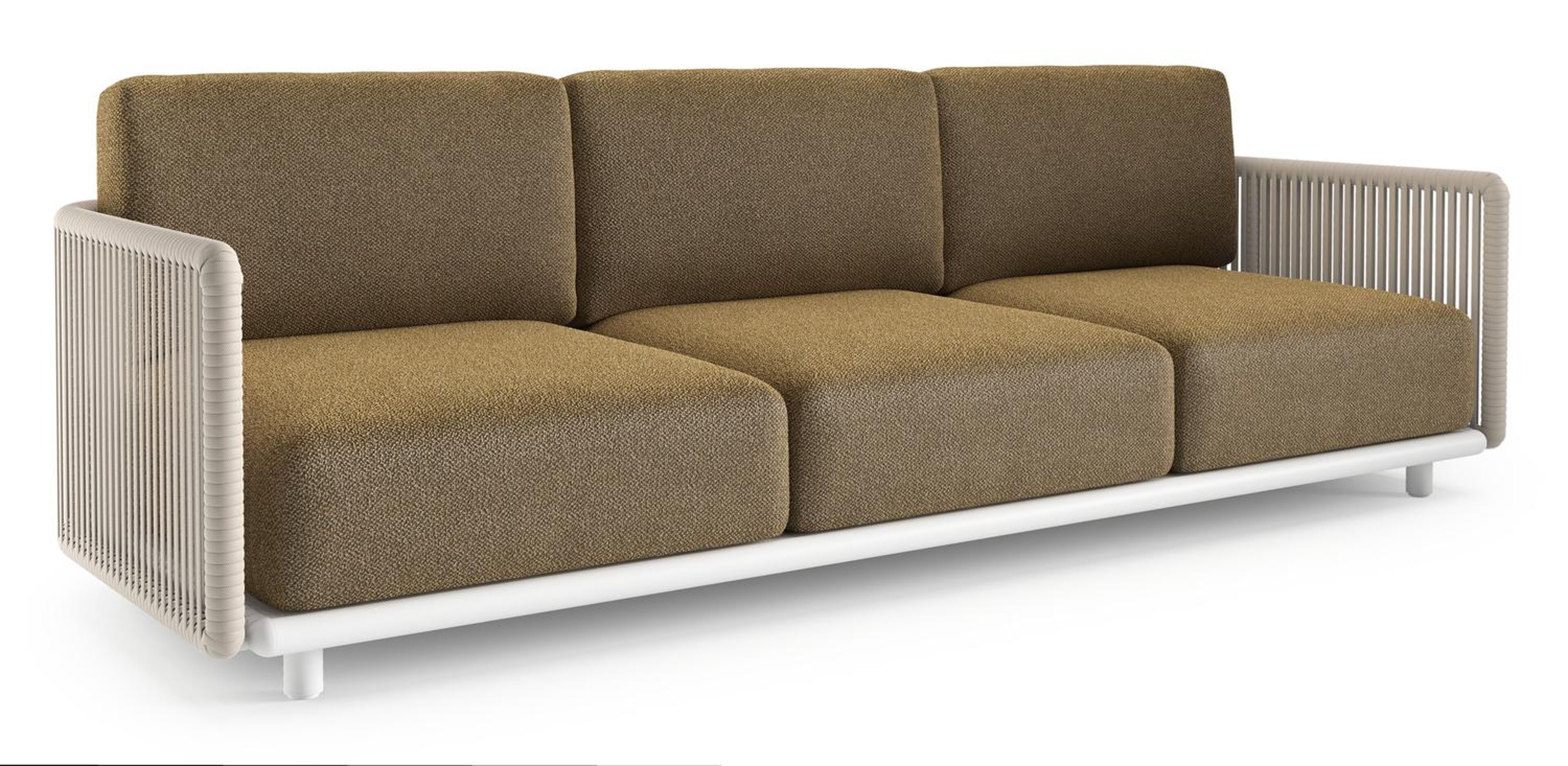 Canapé de jardin Organo en aluminium blanc et corde luxe plate tissée verticalement beige et coussin en all weather Cosytica madagascar walnut