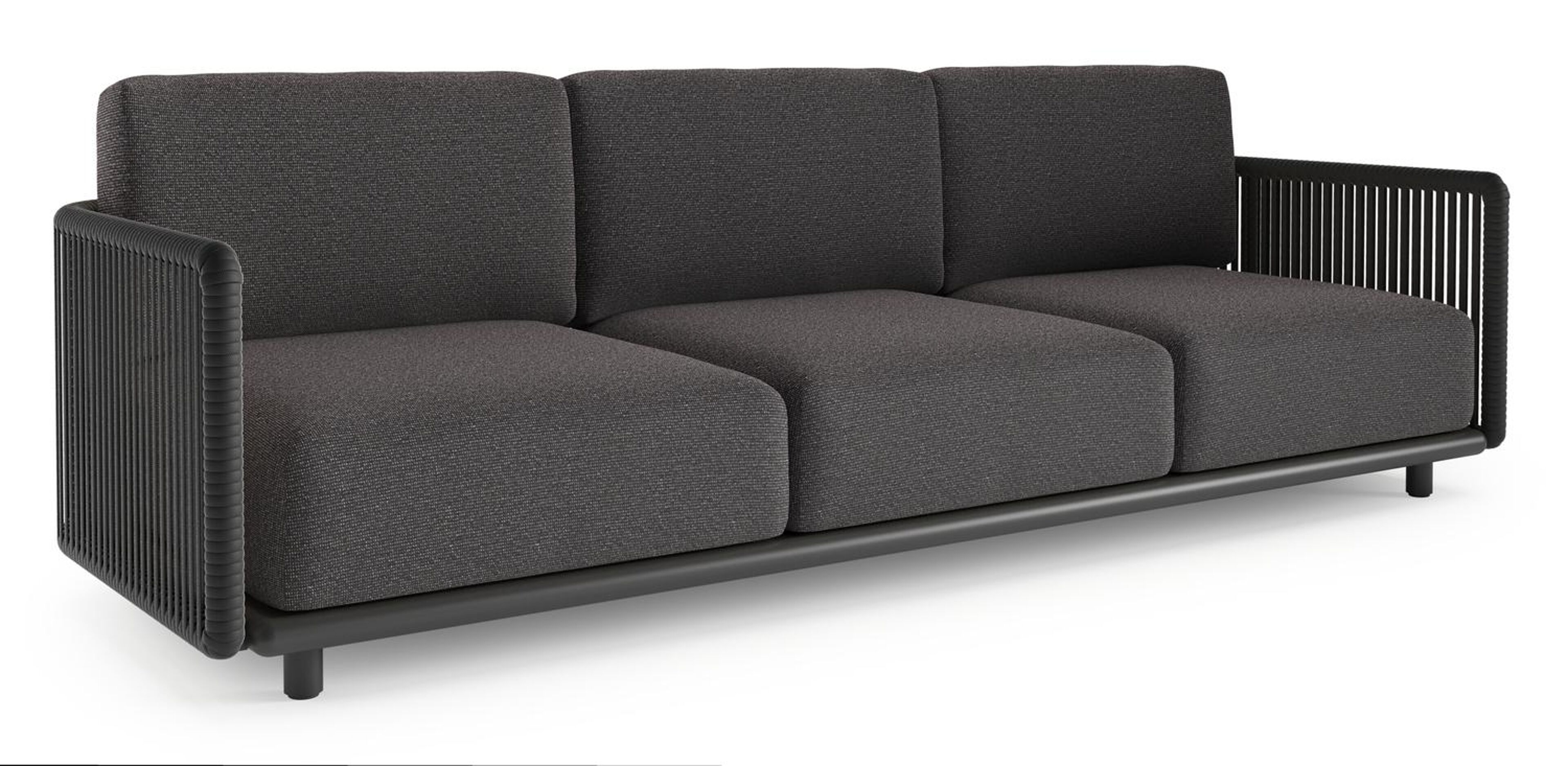 Organo loungebank in zwart aluminium en zwart verticaal geweven luxe vlakke rope met firenze tunder all weather Solica kussen