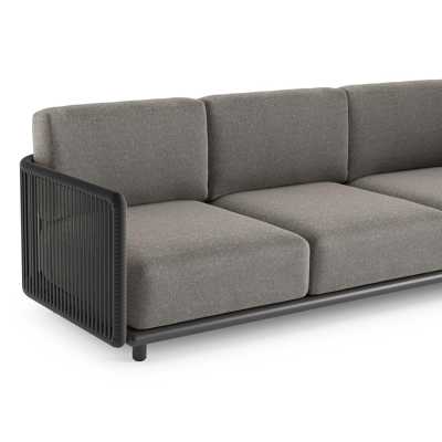 Canapé de jardin Organo en aluminium noir et corde luxe plate tissée verticalement noir et coussin en all weather Sunbrella® luxe chartres drizzle