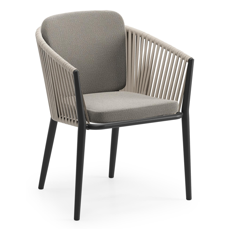 Chaise de jardin Orso en aluminium noir et corde plate tissée verticalement beige avec coussin en All Weather Sunbrella® Luxe Lopi Silver